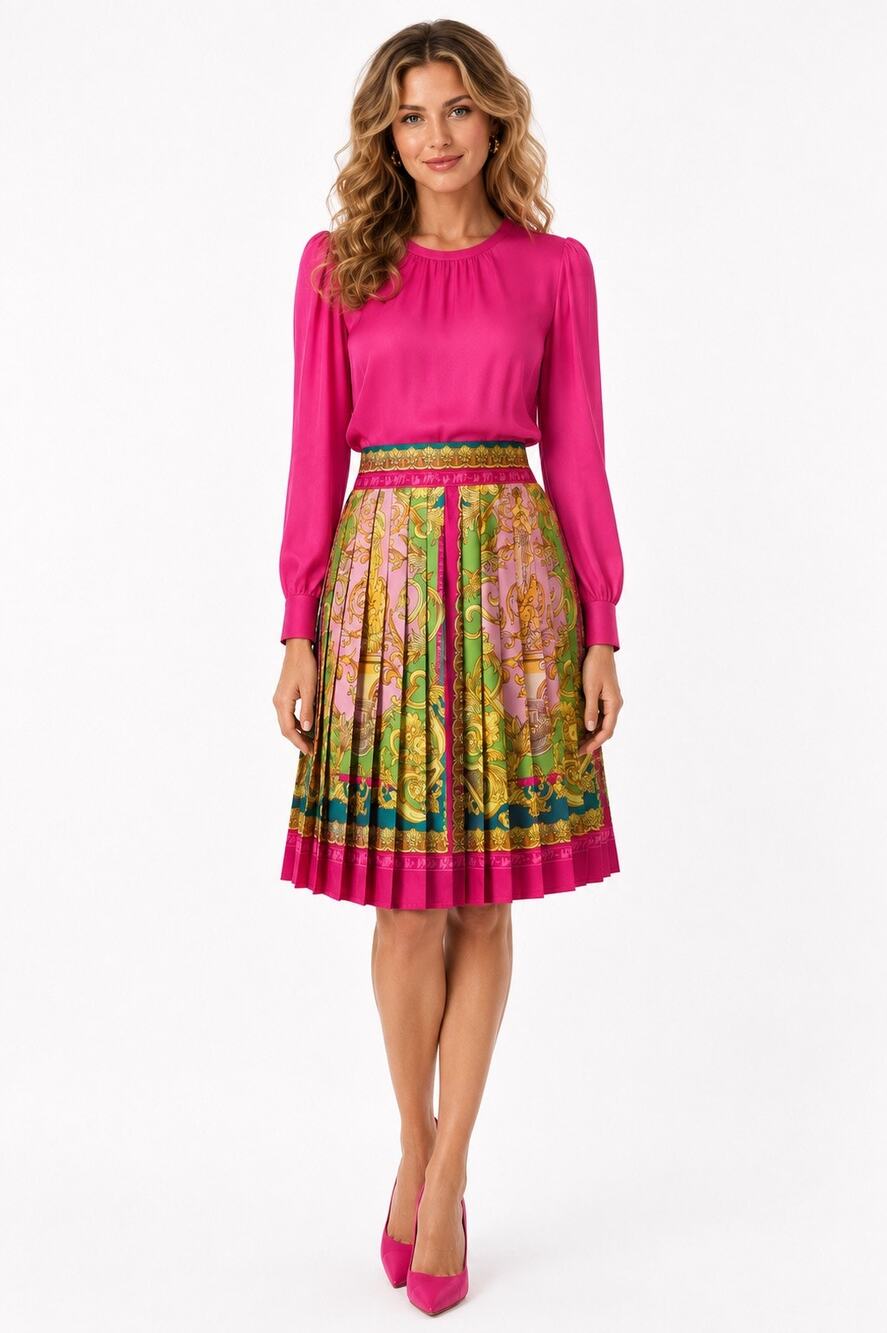 Pink, Gold, Blue & Green Baroque Print Pleated A-Line Knee Length Skirt